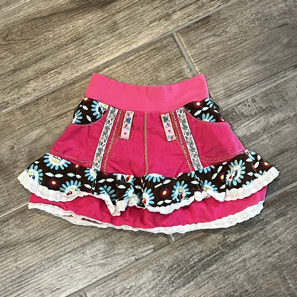 Sarby Ruffle Skirt Tiered Mini Pink Corduroy Brown Floral‎ Applique Girls Size 6